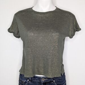 Monoprix Green Gold Shimmer Short Sleeve Linen Knit T-shirt S